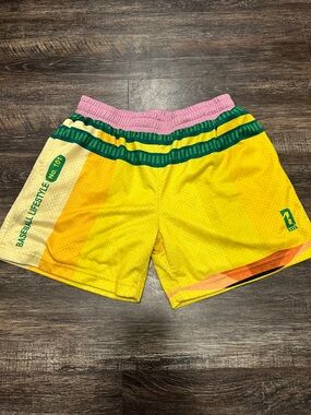 Baseball Lifestyle 101 Yellow Mesh Athletic Pencil Shorts with Pink Waistband